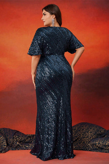 Sparkly Navy Sequins Half Sleeves Mermaid Plus Size Long Mother Of The Bride Dress